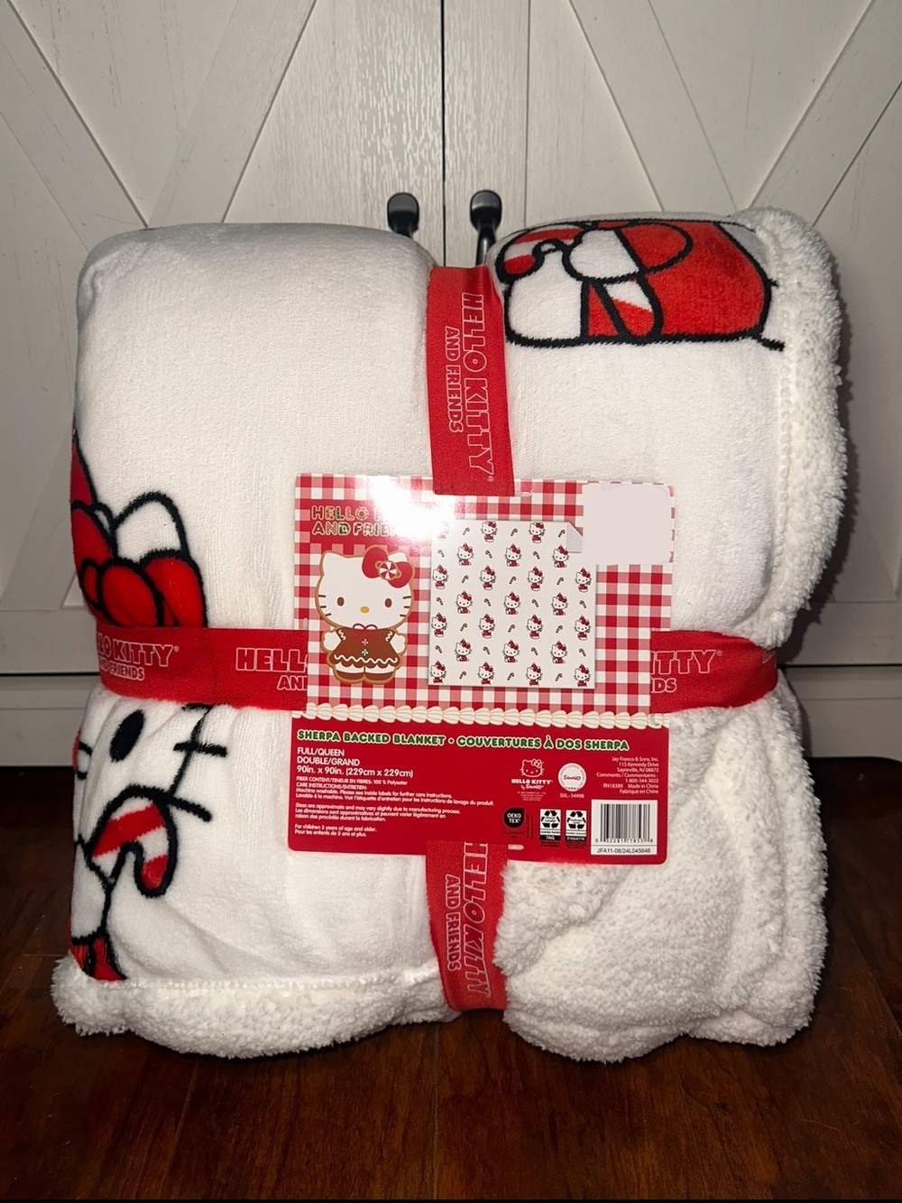 Hello Kitty Red Candy Cane Christmas Queen Sherpa Backed Throw Blanket